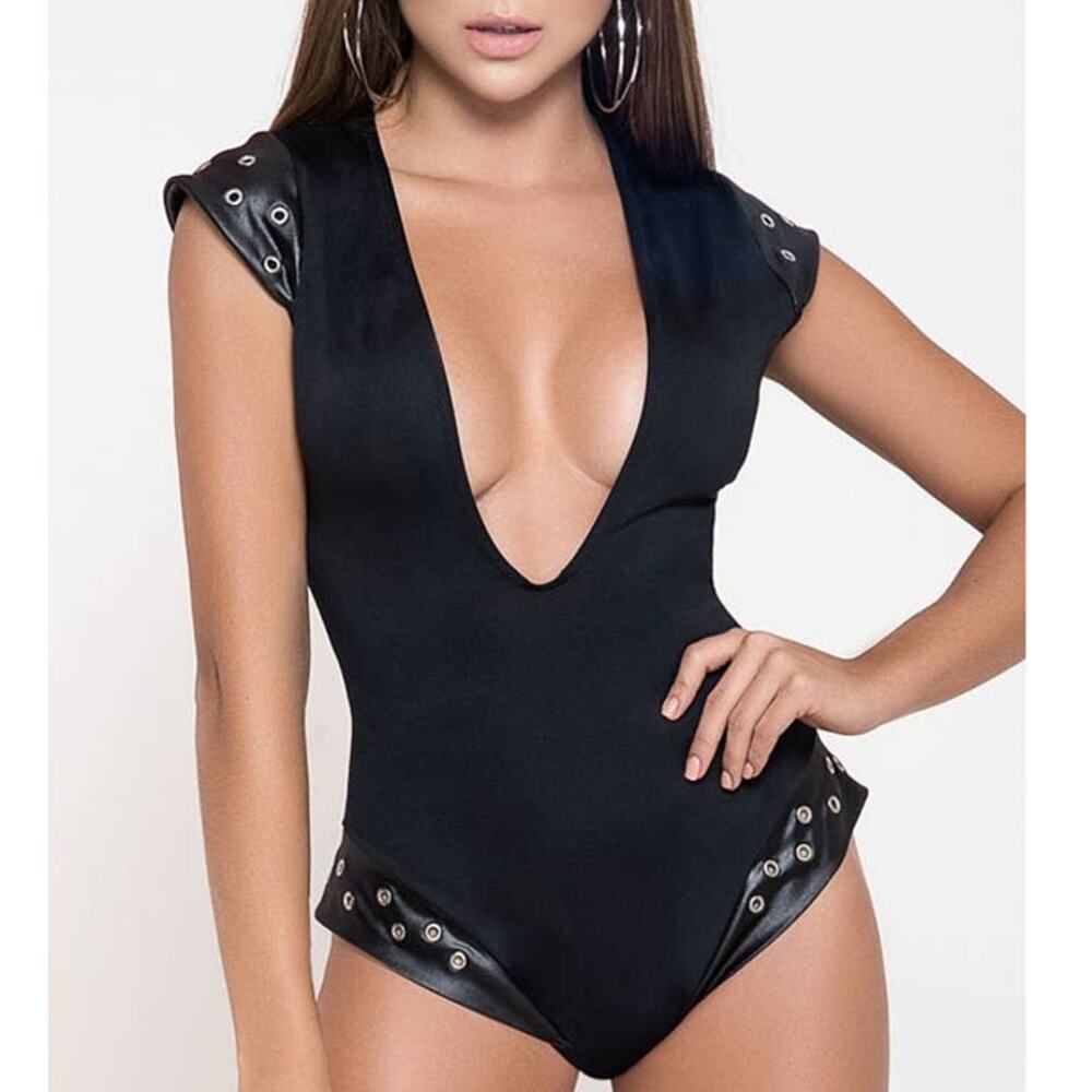 Mapale Bodysuit Women's Size Medium Midnight Hustler Black Plunge Neck NWT